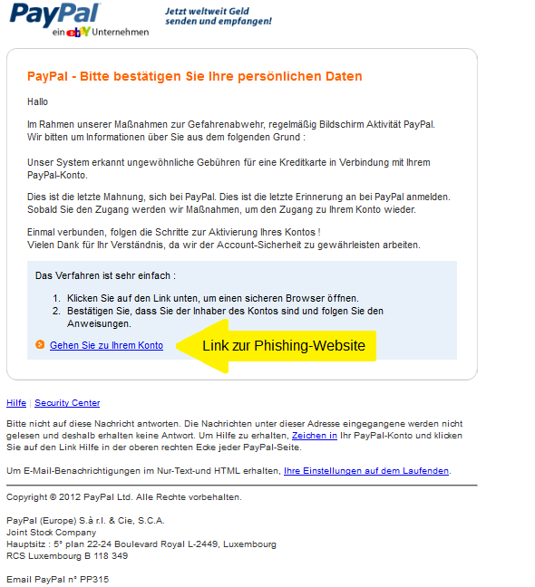 Screenshot einer Paypal-Phishing-E-Mail