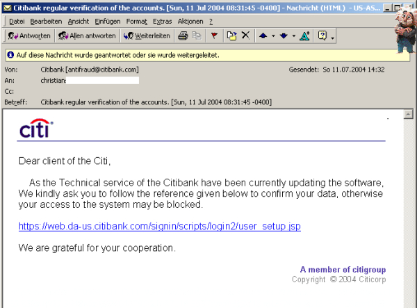 Screenshot einer Phishing-E-Mail, die sich fr eine Citibank-Anfrage ausgibt und zu einer 
    geflschten Website umleitet